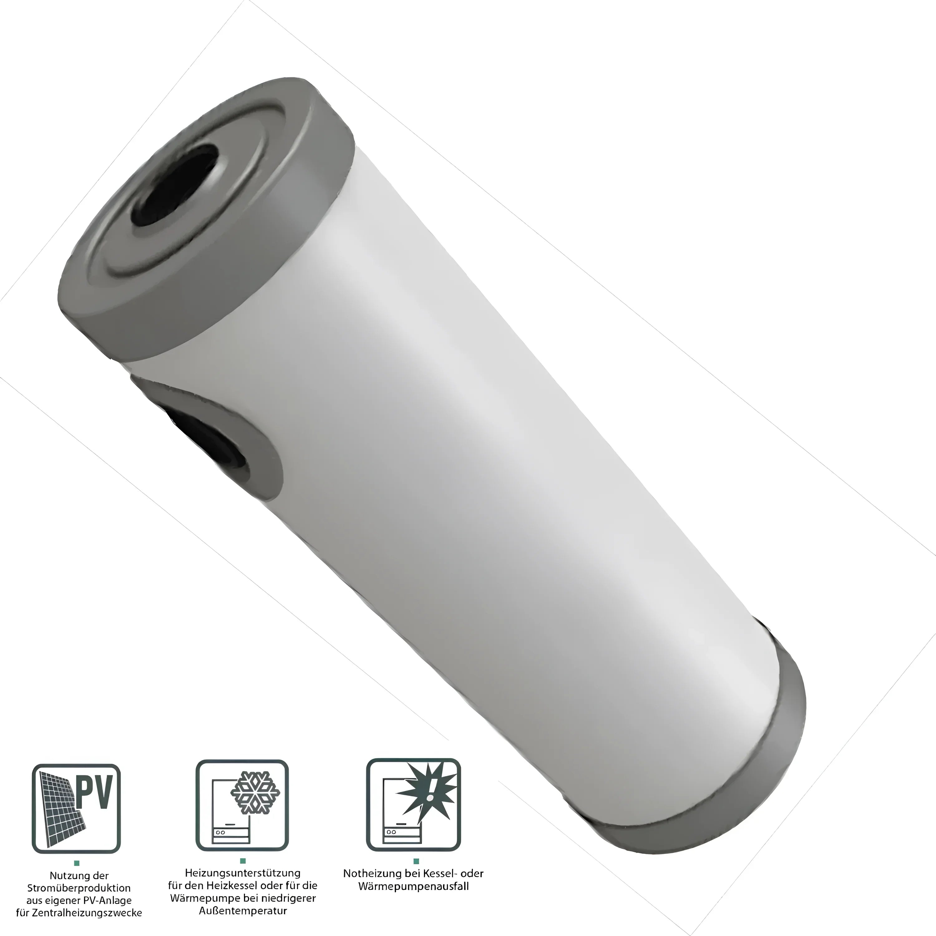 Weiße zylindrische Heizungsanlage mit grauen Endkappen für Durchlauferhitzer MDC 230 plus
