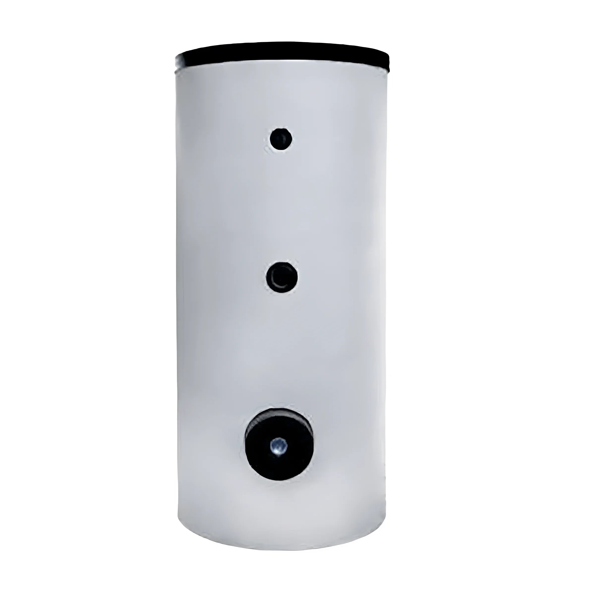 Cylindrischer weißer Warmwasserspeicher Sunex S2 X aus S235JR mit schwarzen Anschlüssen