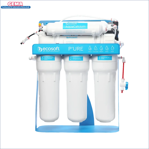 Wasserfiltrationssystem mit drei weißen zylindrischen Filtern für die Umkehrosmoseanlage Pure Aquacalcium