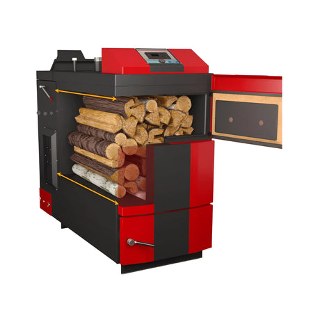 Roter und schwarzer Holzvergaser Attack DPX Profi 80 kW mit offenem Türdesign