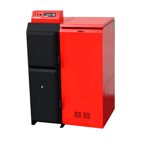 Rote und schwarze Heizungsanlage Thermoflux Pelling 25/230 mit Hygienespeicher