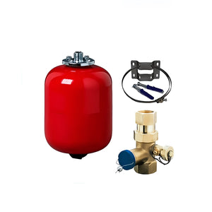 Plumbing components including red expansion tank brass valve and mounting hardware for Thermoflux Pelling 25/230 mit Hygienespeicher