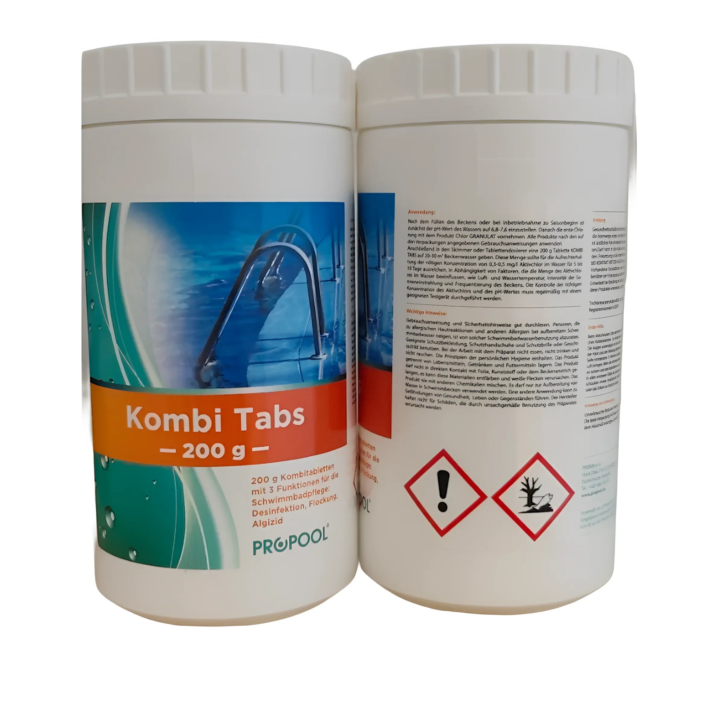 Weiße Behälter mit Pool-Reinigungstabletten Kombi Tabs 200 g für Boiler-Zubehör