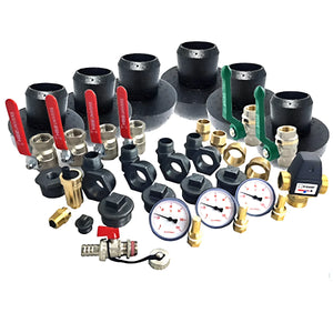 Assorted plumbing fittings for Anschlusspaket Kombispeicher including Brauchwassermischer Hydromix