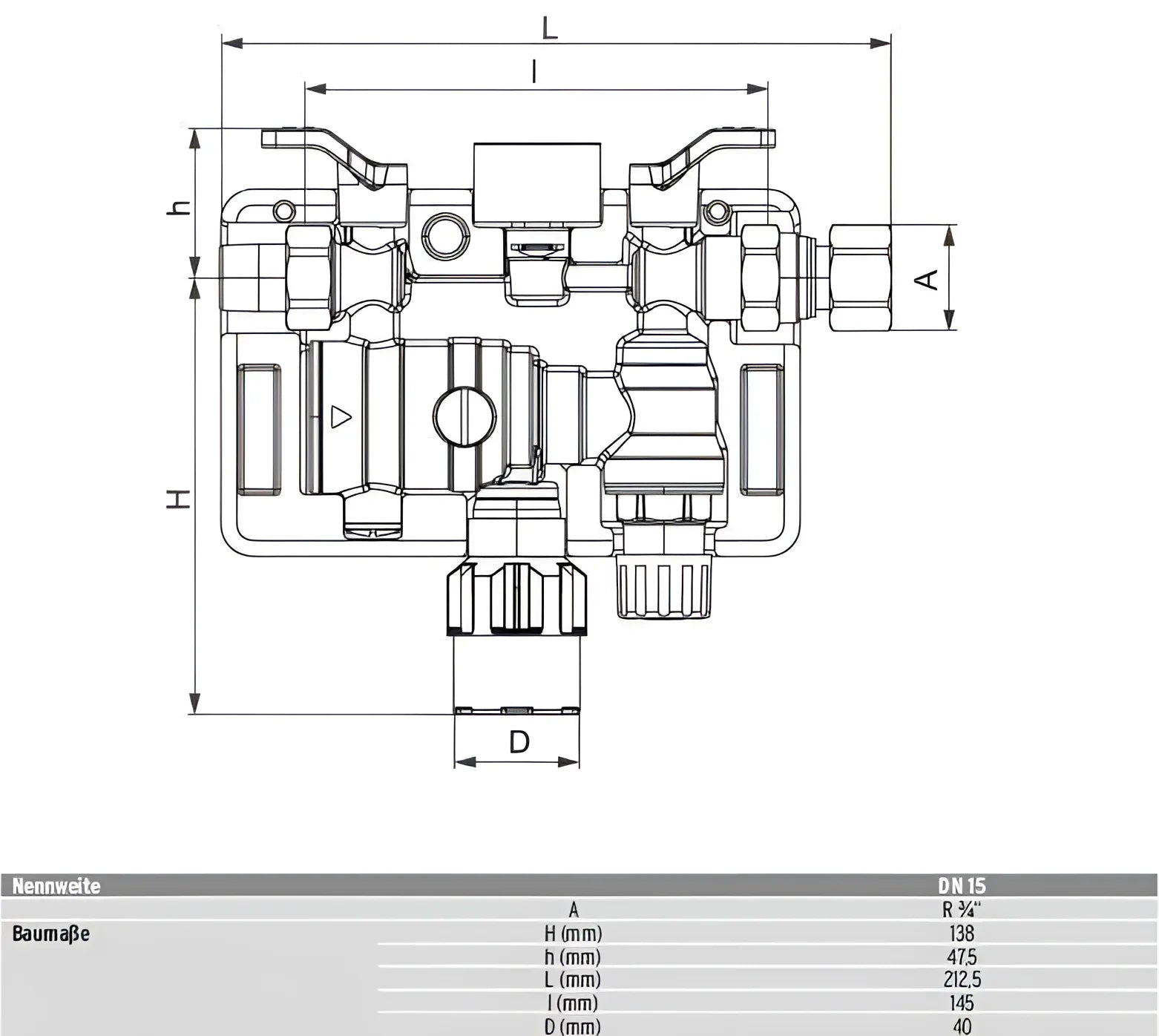 Technische Zeichnung der automatische Heizungs-Füllarmatur BA 6628 Plus DN20 mit Maßen