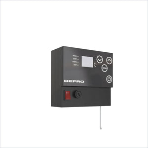 Schwarzes elektronisches Steuerpult am Defro Firewood Plus 19 kW Heizkessel