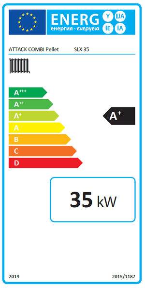 Energieeffizienzlabel für den Attack SLX Kombikessel 35 kW Holz und Pellet
