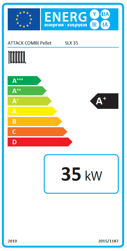 Energieeffizienzlabel für den Attack SLX Kombikessel 35 kW Holz und Pellet