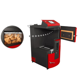 Holzvergaser Attack SLX Lambda 🔥 mit modernem Touch-Display und offenem Fach für Holzstückchen 🌲.