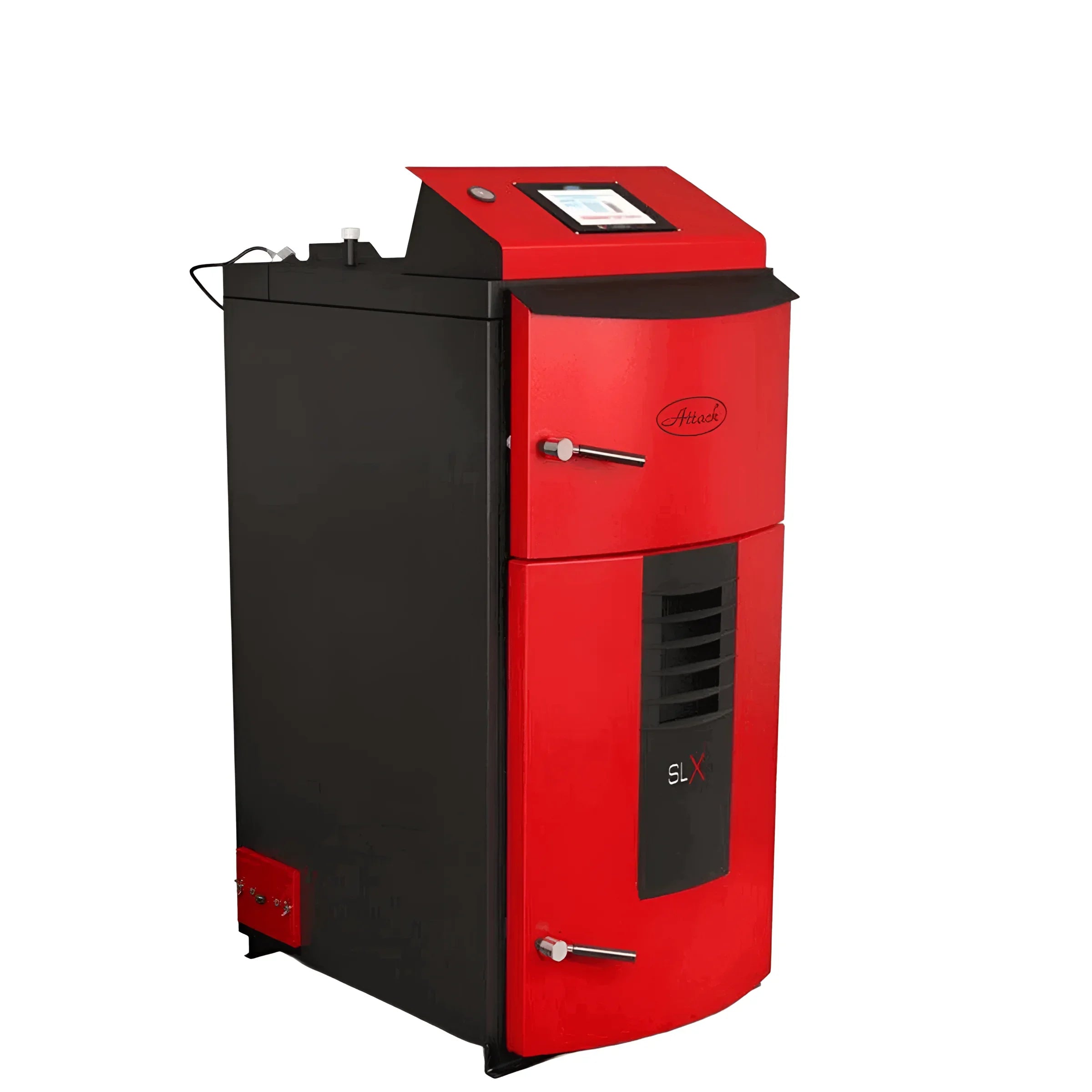 Attack SLX Lambda Touch 🔥 für effizientes Heizen 📈 – moderner Holzvergaser in rot-schwarz mit smartem Display.