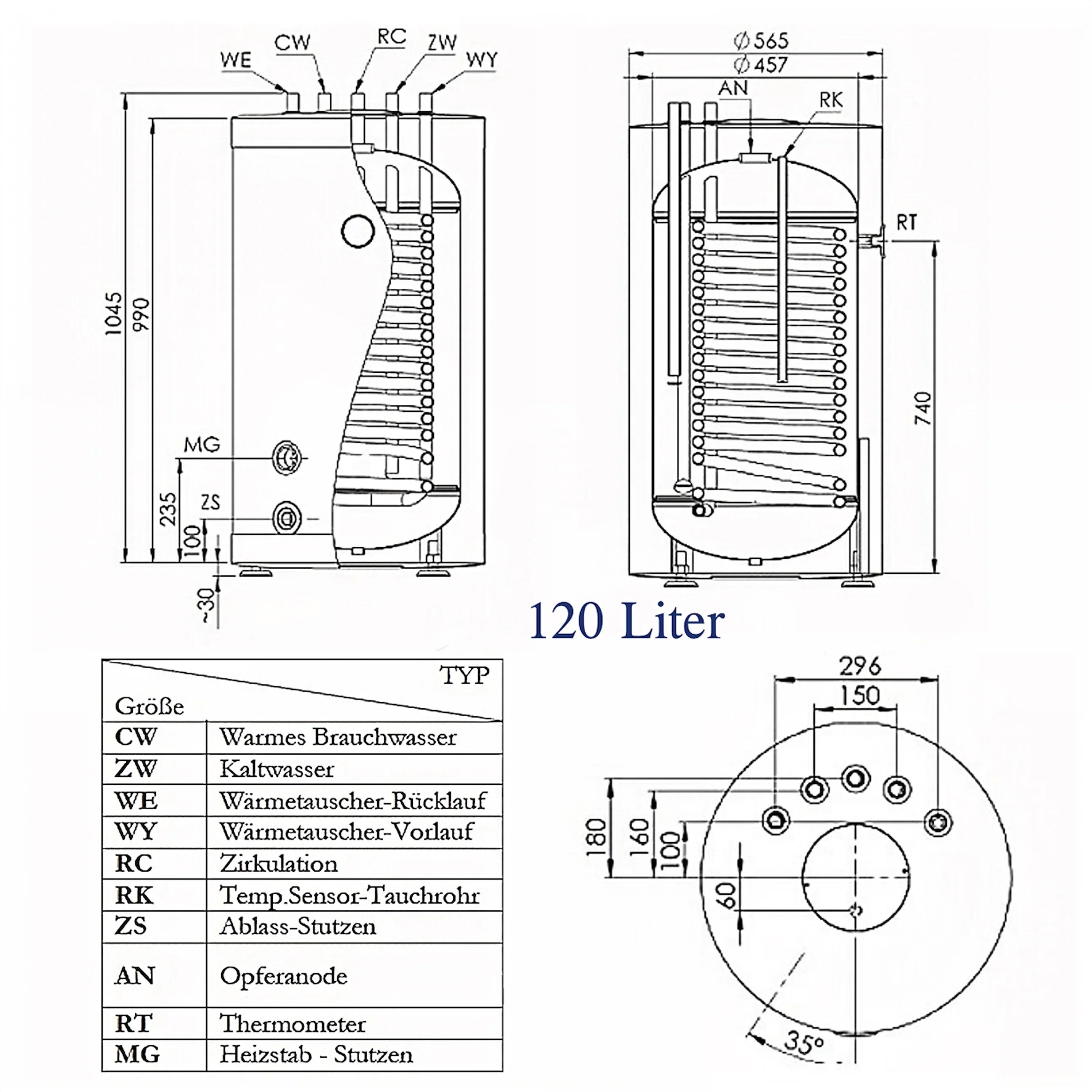 Technische Zeichnung des GEMA Warmwasserspeichers mit Heizstab, Dimensionen und Spezifikationen