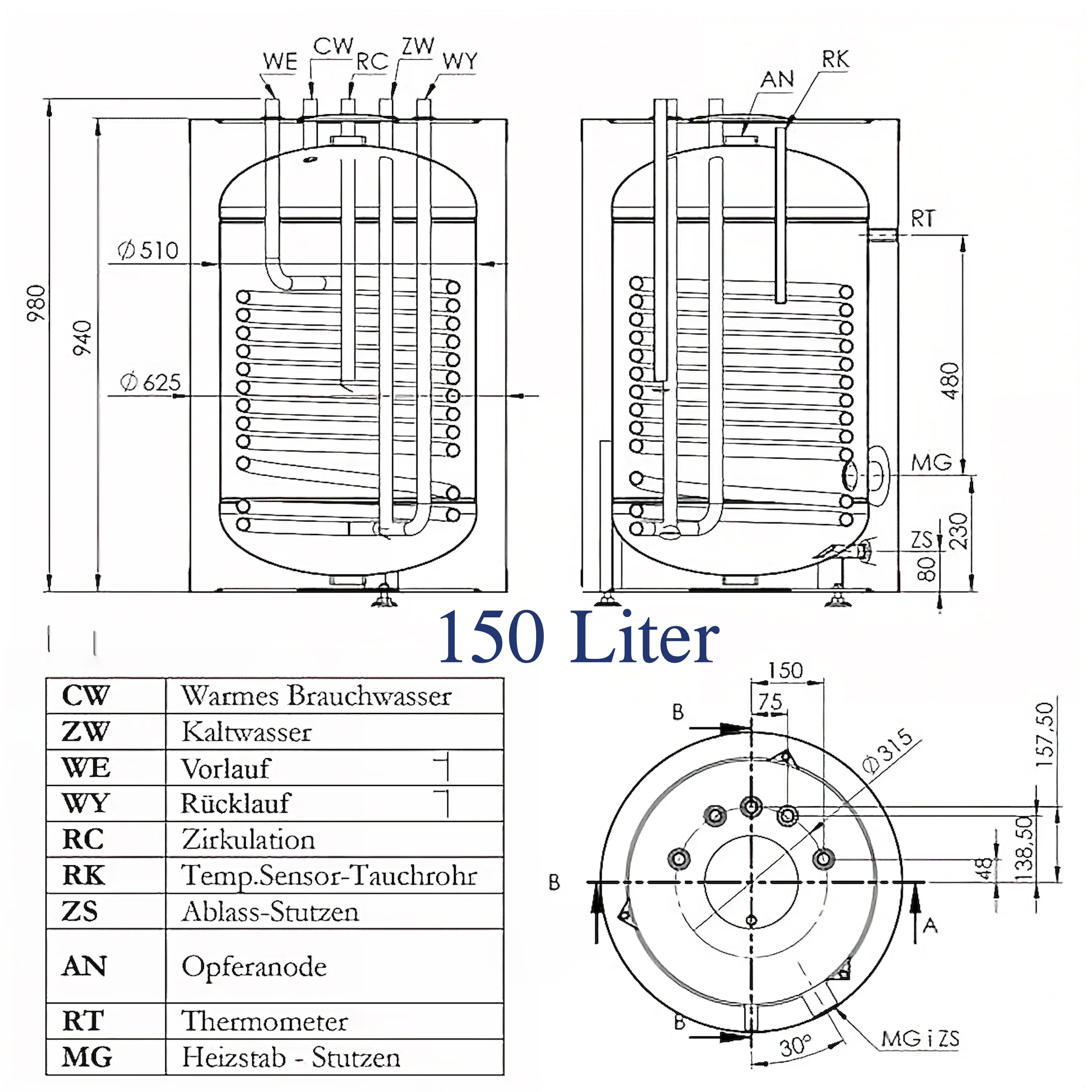 Technische Zeichnung eines Warmwasserspeichers mit Incoloy 825 Heizstab für Brauchwasser