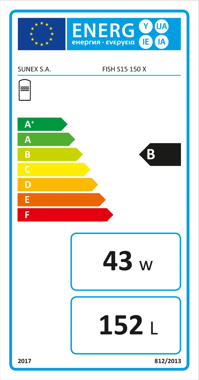 Energieetikett für Sunex Fish S15 mit B Klasse, 43 W, 152 L, Magnesiumanode