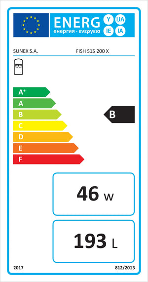 Energieetikett für Warmwasserspeicher Sunex Fish S15 mit Magnesiumanode, Energieeffizienz B