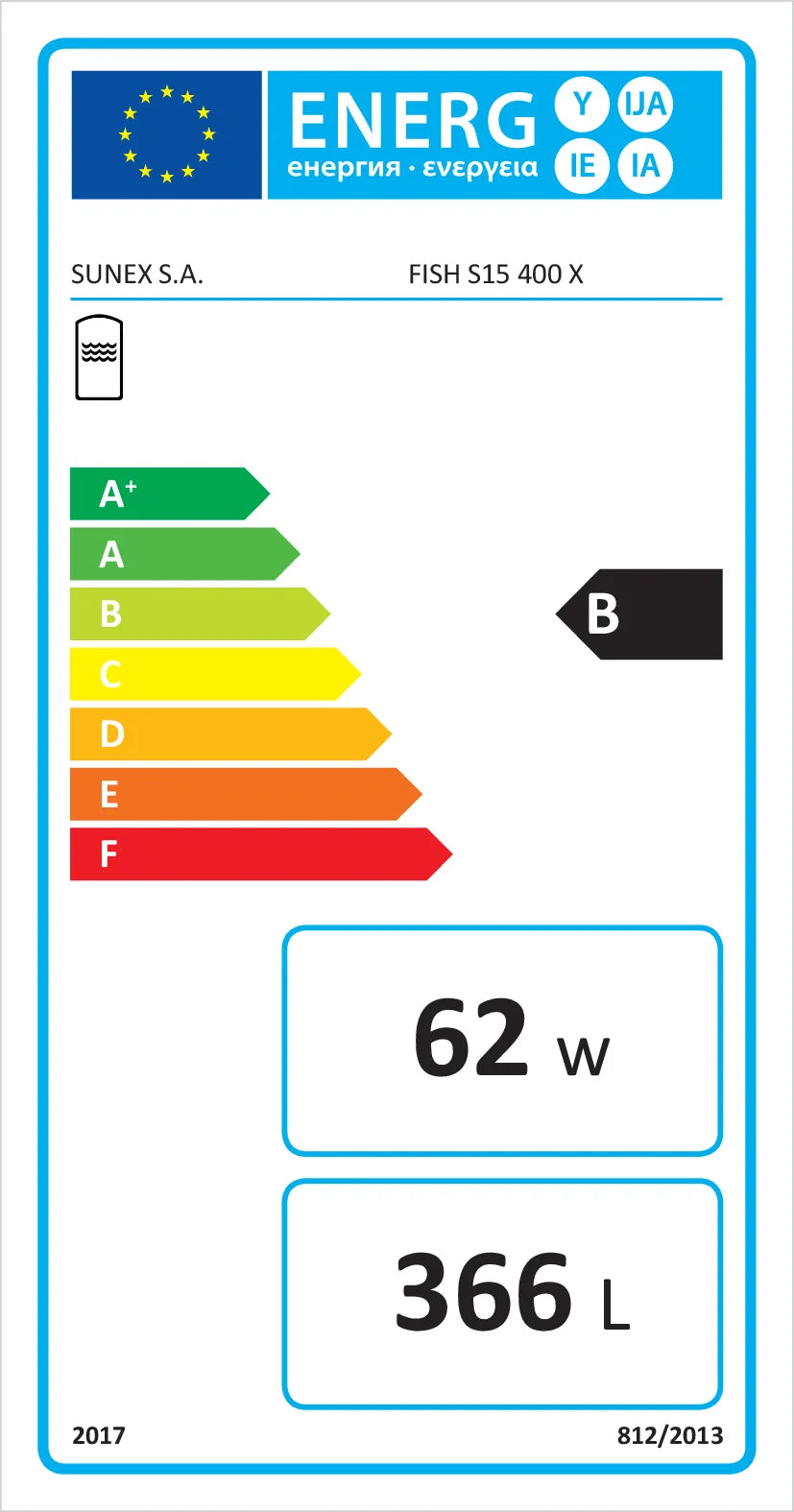 Energie-Label für Sunex Fish S15 mit Magnesium-Anode, Effizienzklasse B, 62 W, 366 L