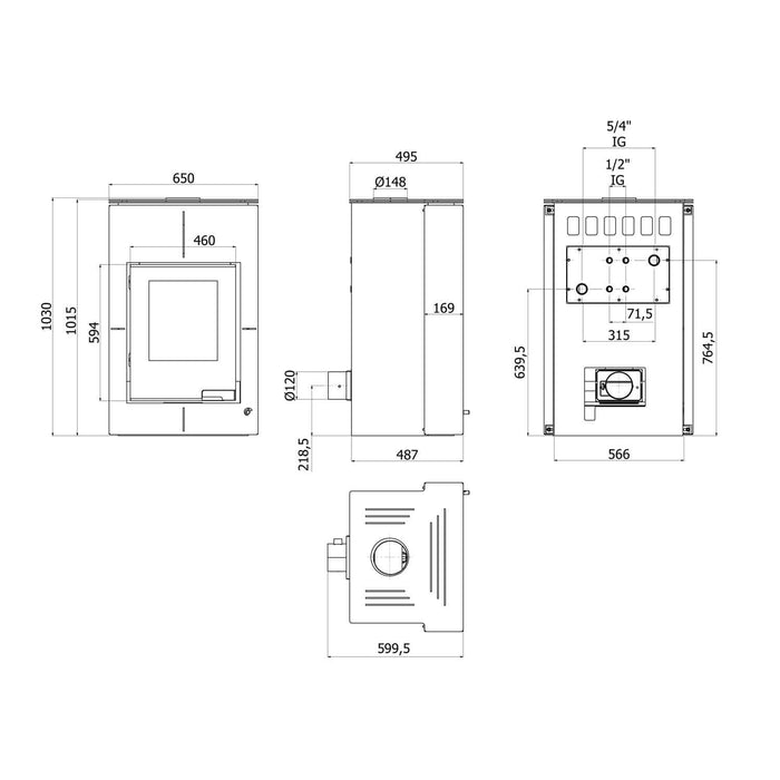 Technische Zeichnung des Vario Saporo Manual Kaminofens mit Abmessungen und Anschlüssen 🔥📏