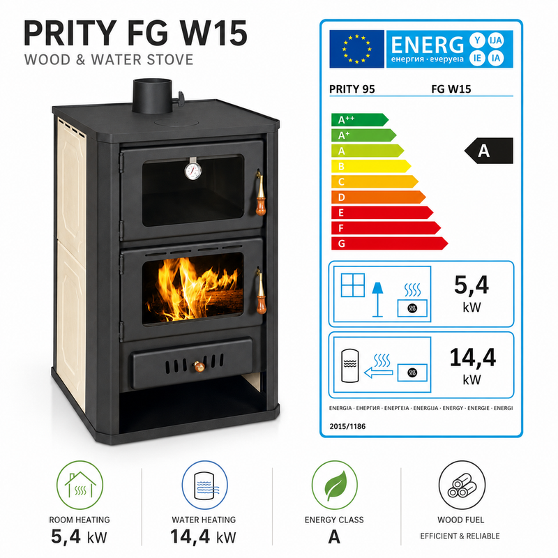 Vandførende brændeovn med bagekammer Prity FGW15 - 19,8 kW