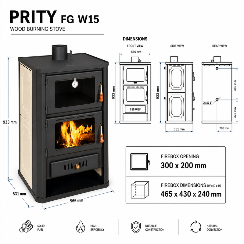 Vandførende brændeovn med bagekammer Prity FGW15 - 19,8 kW