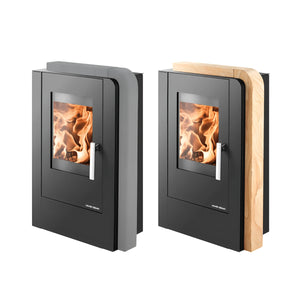 Zwei schwarze Kaminofen Aruba Easy von Haas + Sohn mit Quarzit Grau, Easy Control