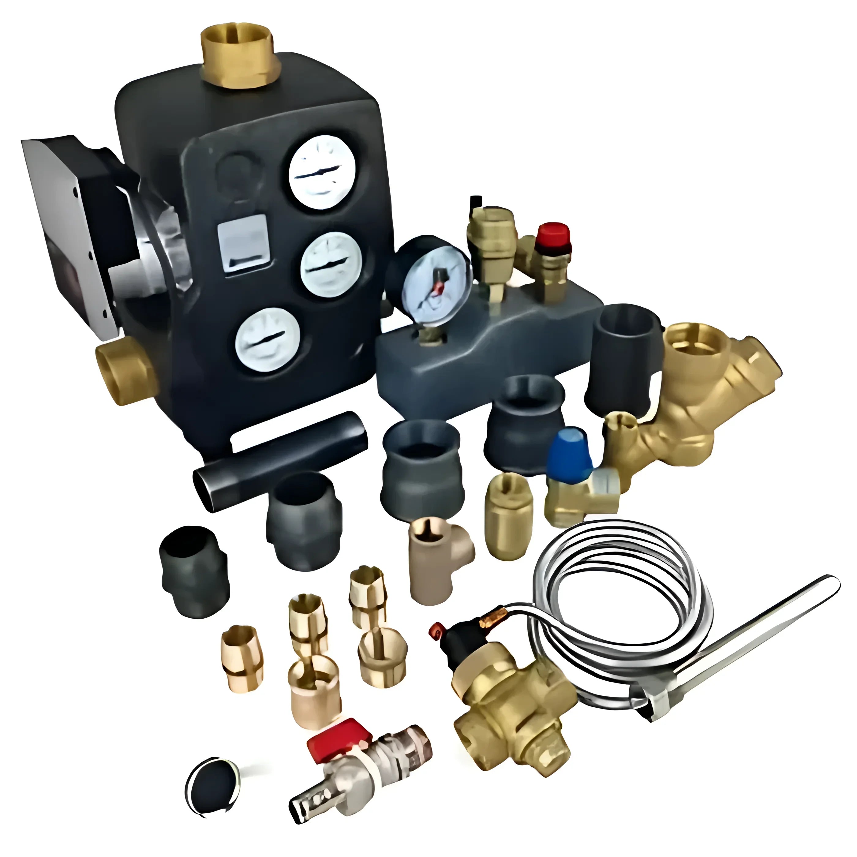 Assorted plumbing and heating components für Anschlusspaket Attack DPX bis 35 kW mit Profipress Rotguß und thermischer Ablaufsicherung