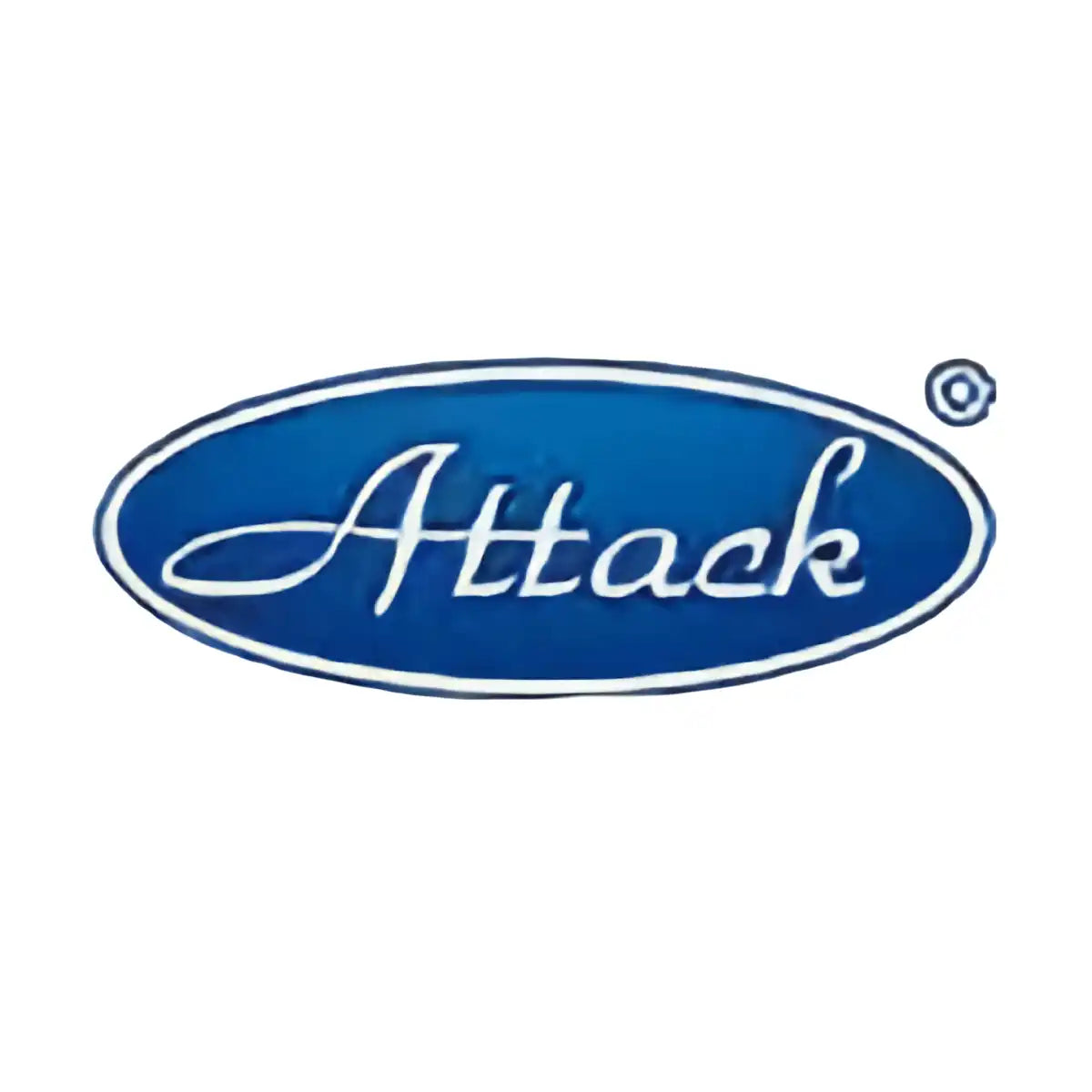 Blaues ovales Logo mit »Attack« in weißer Schrift.