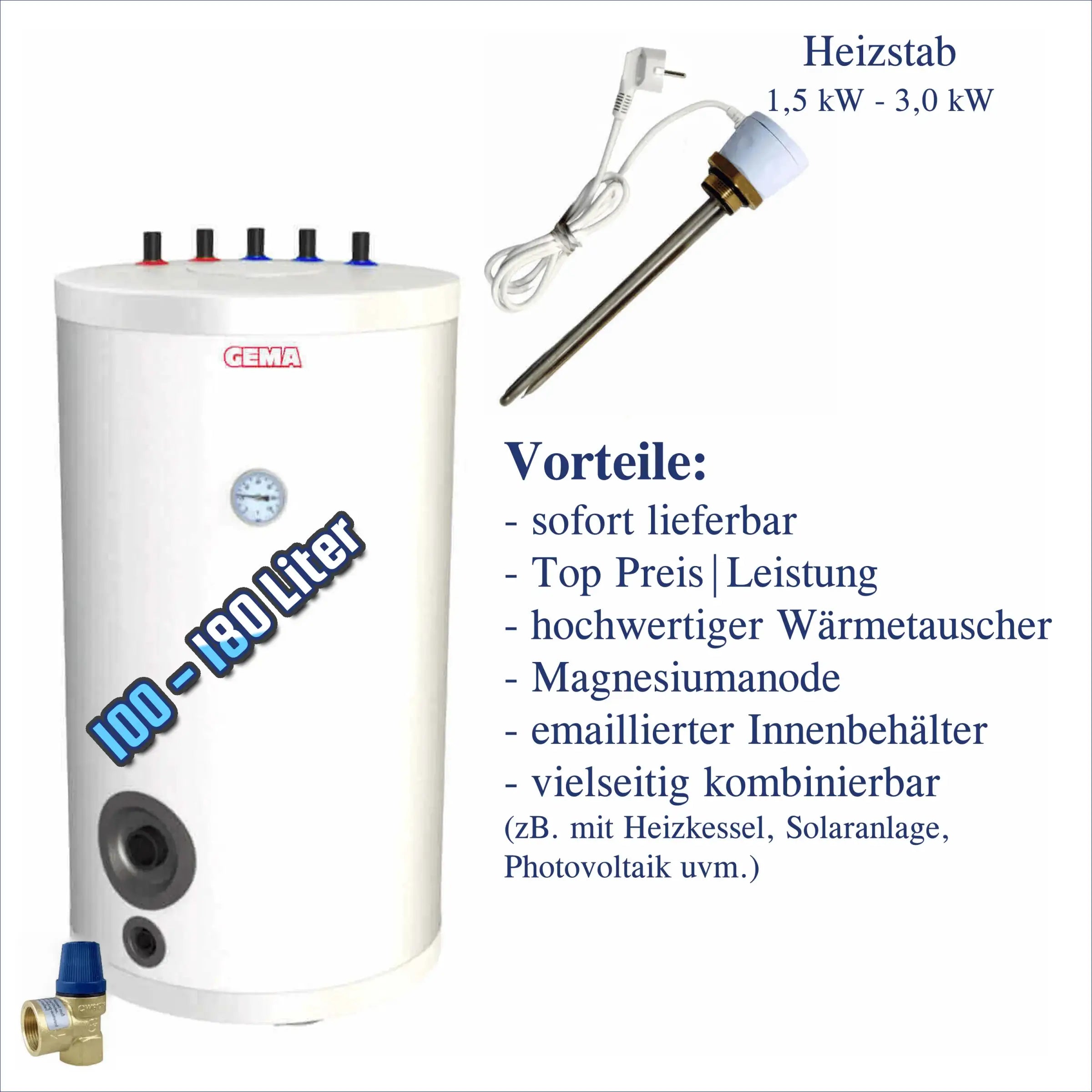 GEMA Warmwasserspeicher mit Heizstab, Hot water storage tank with heating element for effizienten Rücklauf Heizung