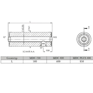 Technische Zeichnung eines zylindrischen Rohrsystems mit Maßen für Durchlauferhitzer MDC 400 plus Heizstab 3 kW