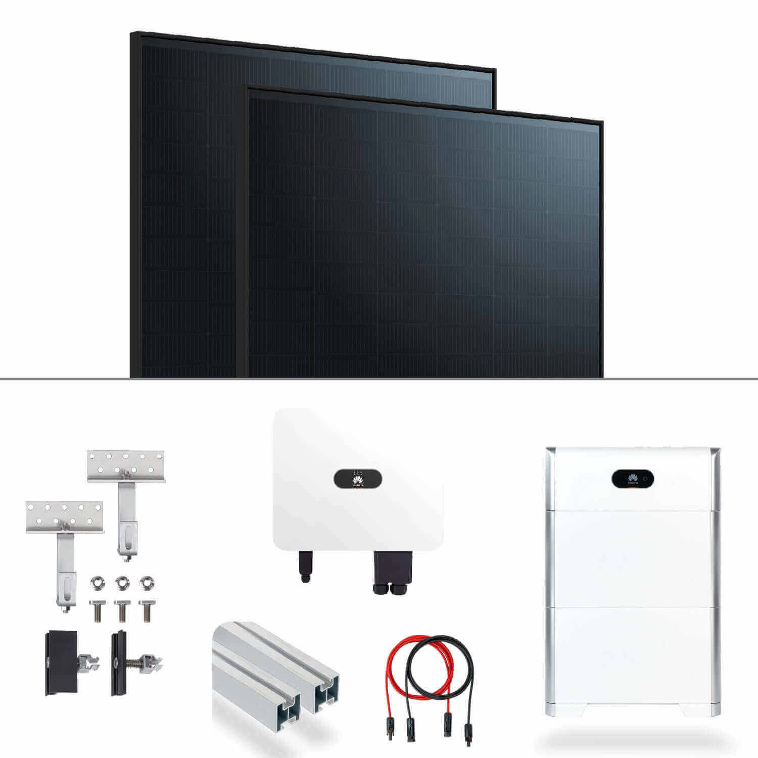 Solarpanels und Komponenten der 10 kWp PV-Anlage mit Glas-Glas Black Frame und 15kw Speicher