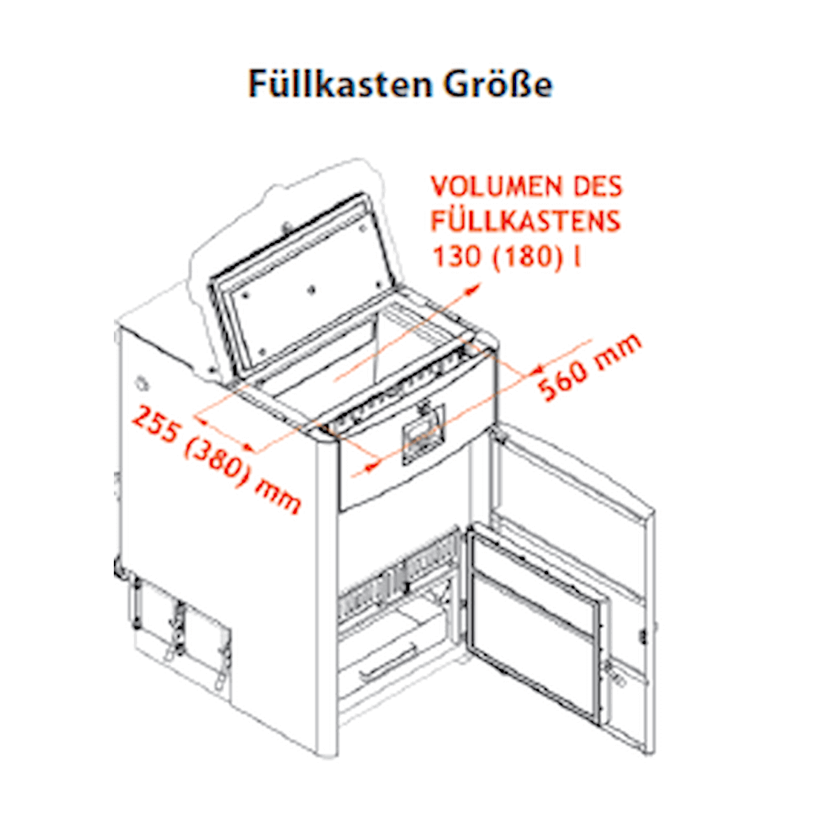 Technische Zeichnung eines Lagerraums mit Maßen für den Holzvergaserkessel ROJEK PK BIO 50 kW