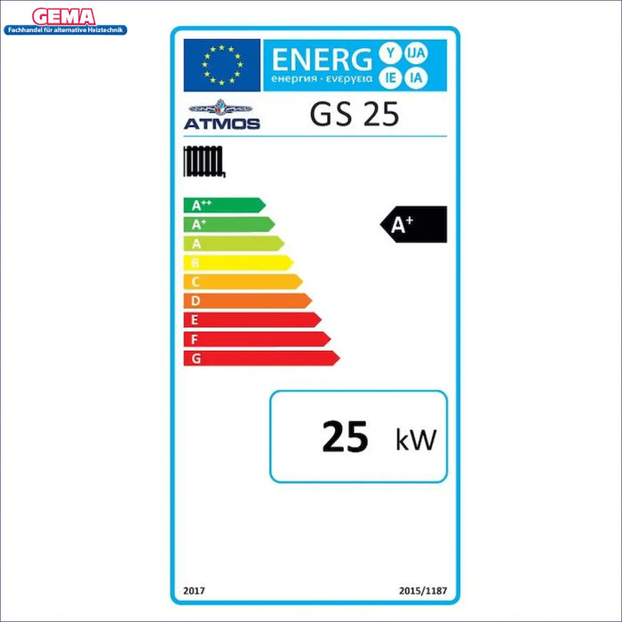 Energieeffizienzlabel für Heizkessel Atmos GS 25, A+ Bewertung und 25 kW Leistung. 🌍🔋
