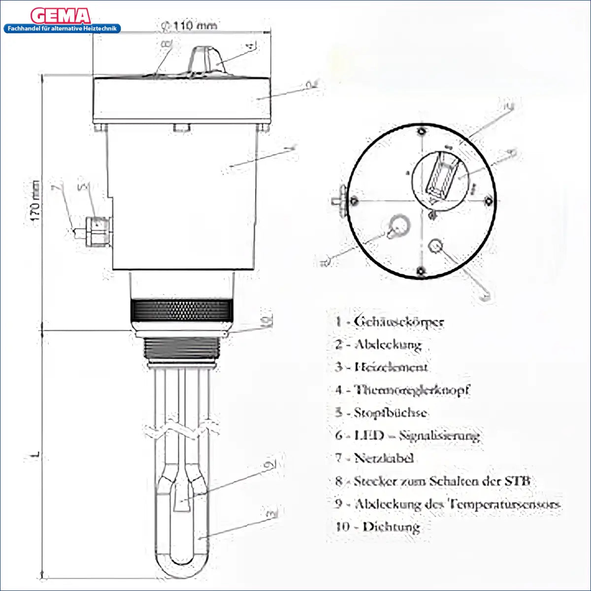 🔧 Technische Zeichnung der Heizpatrone mit Maßen und Steuerungskomponenten. Ideal für Heiz- und PV-Anlagen. ⚡