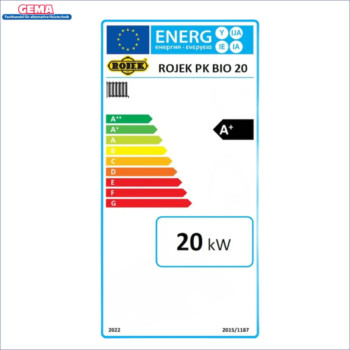 Energieeffizienzlabel für das Gerät Holzvergaser ROJEK PK BIO 20 kW Toploader Festbrennstoff