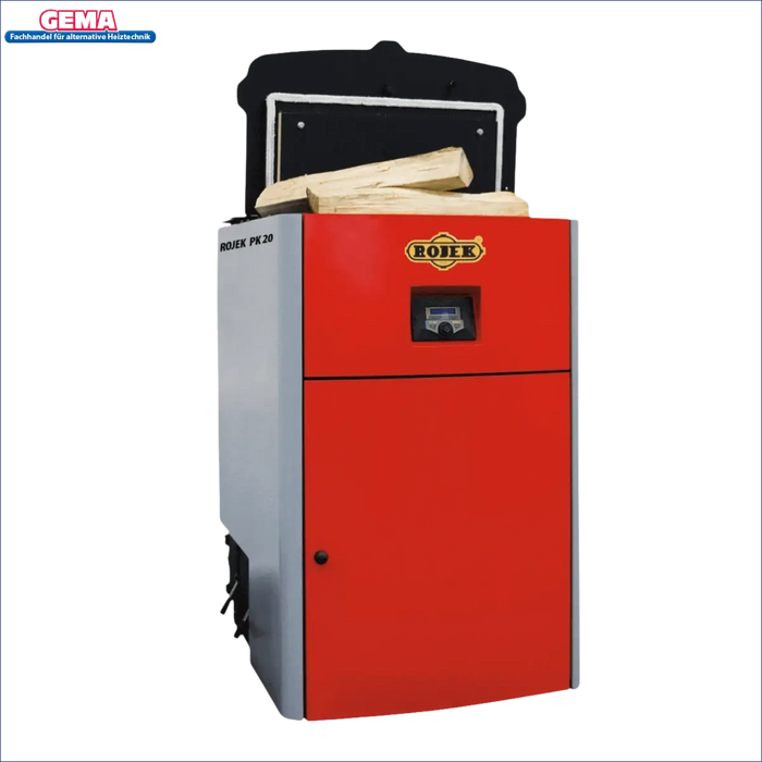 Roter und grauer Holzvergaser Boiler für das Produkt Holzvergaser ROJEK PK BIO 20 kW Toploader Festbrennstoff