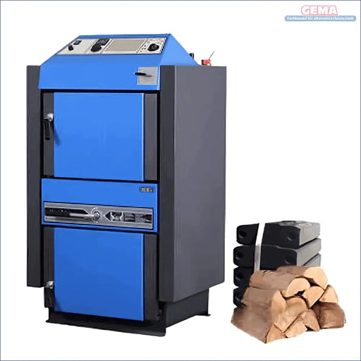 Blaue und graue Holzofen-Industriekessel Atmos KC16 für Holz- und Kohleheizung