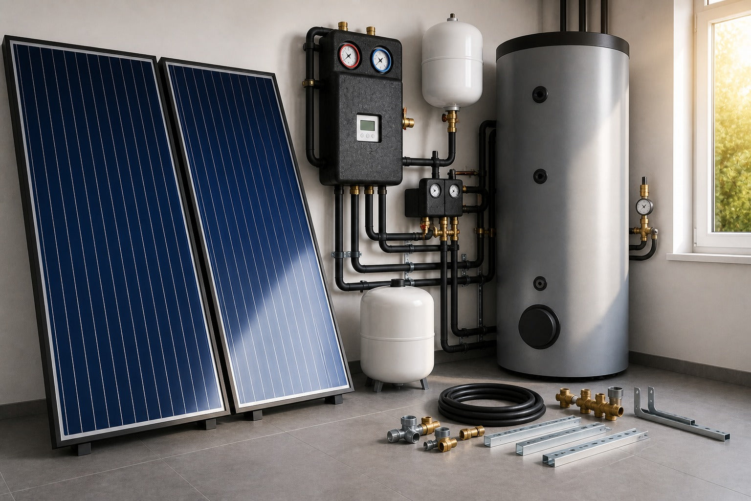 Solarkollektoren mit Solarstation, Speicher und Rohrinstallation im modernen Technikraum
