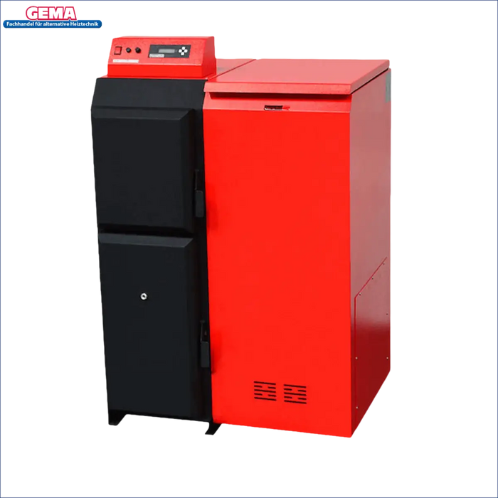 Rot und schwarzer Heizkessel aus Metall im Pelletheizung Komplettpaket mit Thermoflux Pelling ECO 25