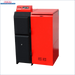 Rot und schwarzer Heizkessel aus Metall im Pelletheizung Komplettpaket mit Thermoflux Pelling ECO 25