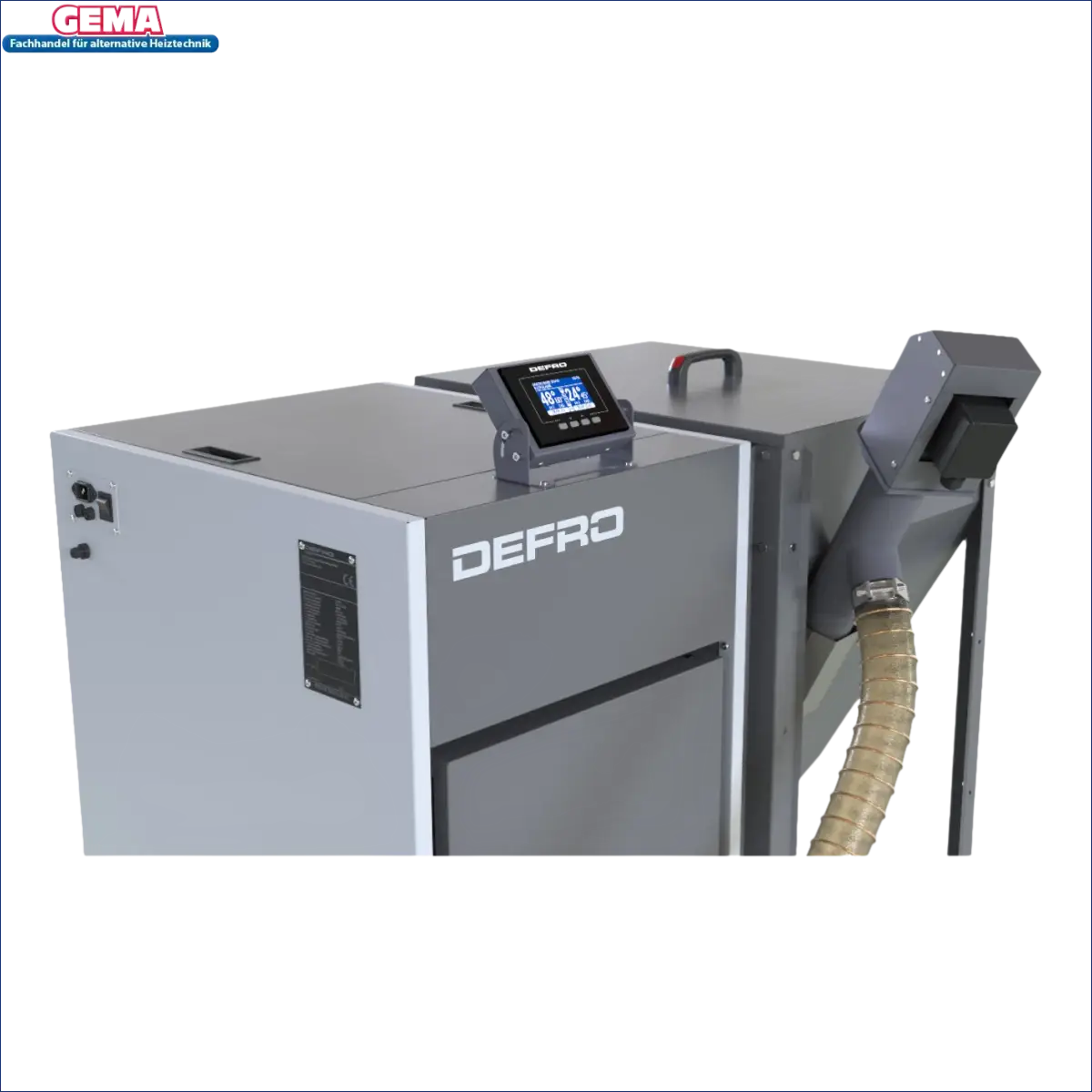 Graue und weiße Industrieanlage mit Digitalanzeige für Pelletkessel NEXTPELL+ 16 kW
