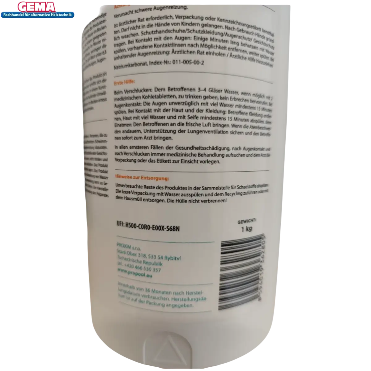 Produktsicherheitslabel auf weißem Behälter für pH plus Granulat 1Kg für Pool