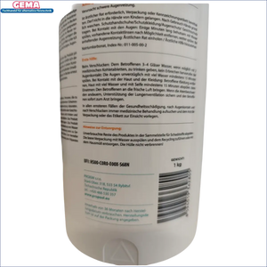 Produktsicherheitslabel auf weißem Behälter für pH plus Granulat 1Kg für Pool