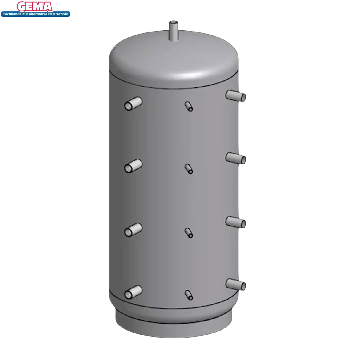 Grauer zylindrischer Pufferspeicher ohne Wärmetauscher mit mehreren Ports, ideal für Boiler-Zubehör