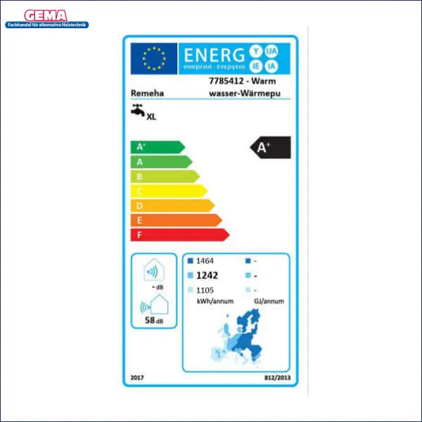 Energieeffizienzlabel für Remeha Warmwasser-Wärmepumpe, Energieklasse A+, Verbrauch und Geräuschlevel 🚀🌍