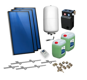 📦 Komplettpaket mit 3 Solarkollektoren, Hygienespeicher, Pumpe und Zubehör für effiziente Heizung und Solarenergie 🌞