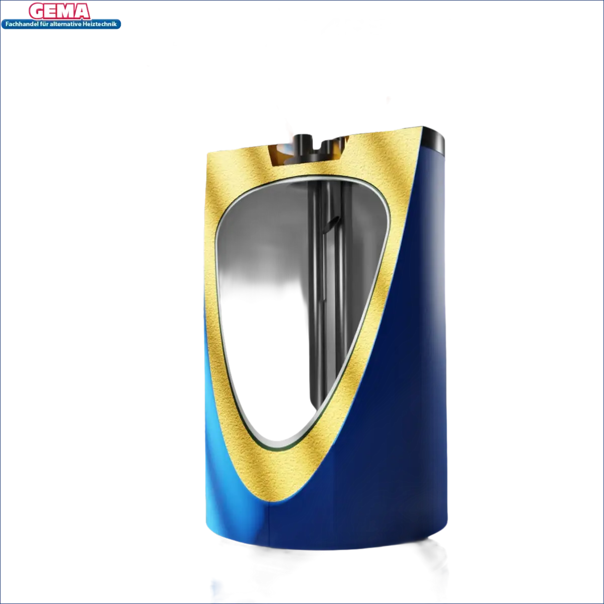 Blaue und goldene zylindrische Sunex FISH Carbon S4 Trinkwasserspeicher mit Schnittansicht