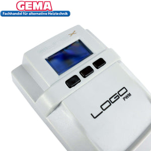 Steuergerät LOGO PWM von GEMA für alternative Heiztechnik mit Display und Tasten.