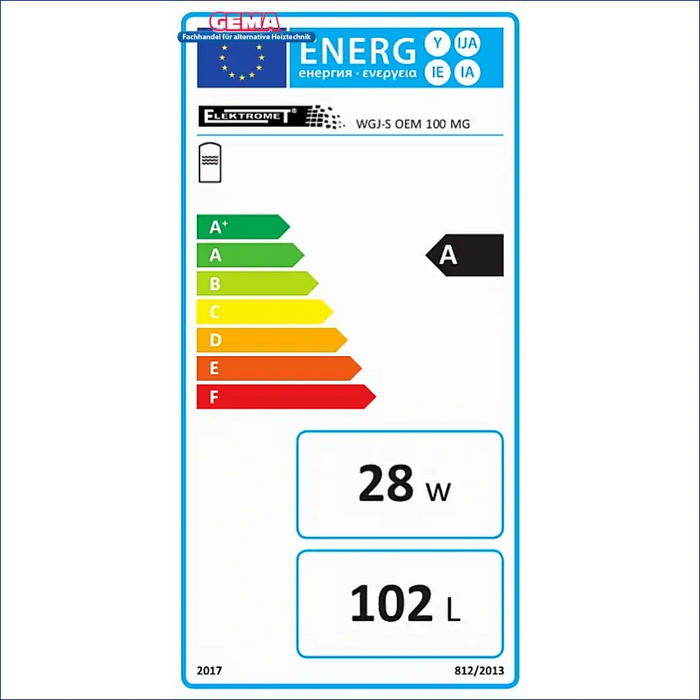 Energieeffizienzlabel für Trinkwasserspeicher 100L, Energiekategorie A, 28W Verbrauch, 102L Kapazität.