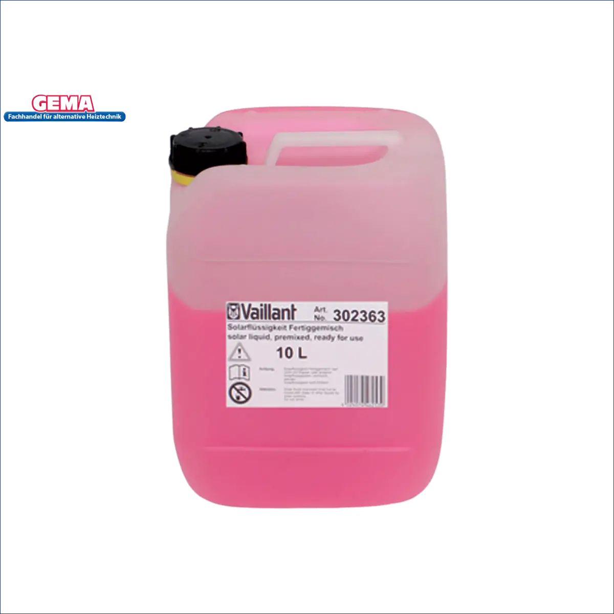 Vaillant 10L solar liquid in a pink container, ready for use in solar systems, promoting efficient energy solutions.
