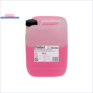 Vaillant 10L solar liquid in a pink container, ready for use in solar systems, promoting efficient energy solutions.
